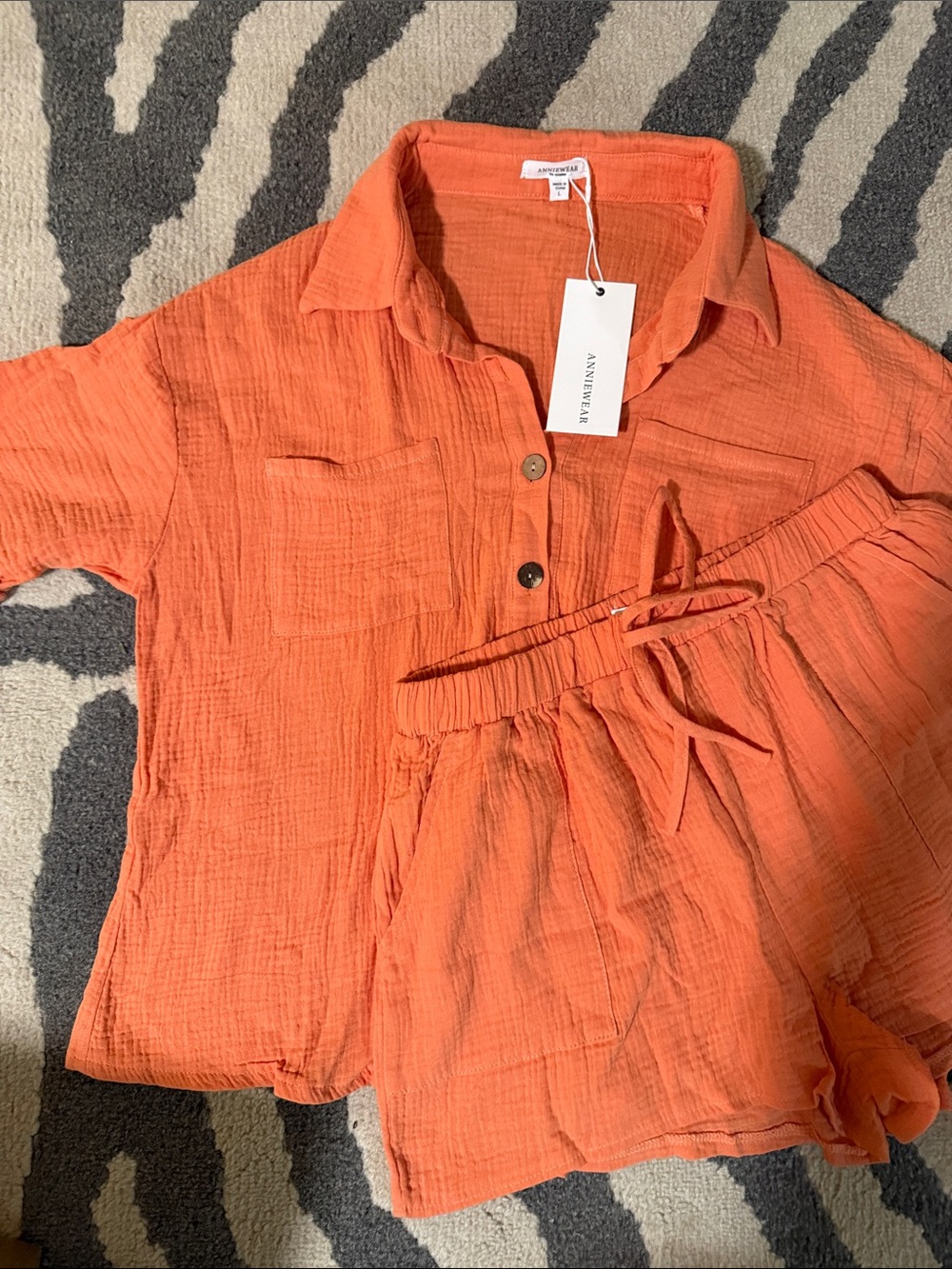 Annie Orange Cotton Gauze Button-Down Shirt & Shorts Set